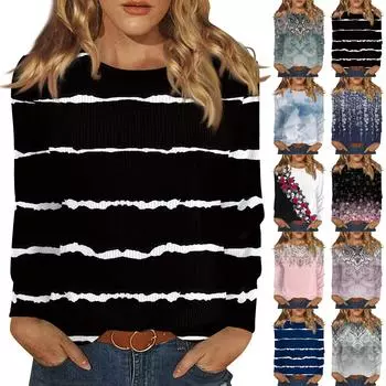 Длинные рукава топы для женщин футболка повседневные принты топы футболка круглый вырез пуловер блузка L чёрный