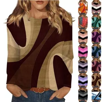 Длинные рукава топы для женщин футболка повседневные принты топы футболка круглый вырез пуловер блузка L синий