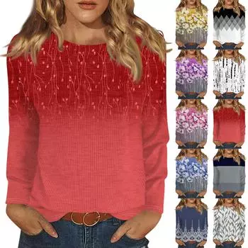 Длинные рукава топы для женщин футболка повседневные принты топы футболка круглый вырез пуловер блузка L зелёный