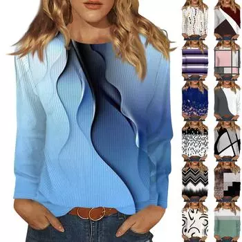 Длинные рукава топы для женщин футболка повседневные принты топы футболка круглый вырез пуловер блузка L бежевый