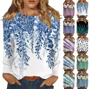 Длинные рукава топы для женщин футболка повседневные принты топы футболка круглый вырез пуловер блузка L чёрный