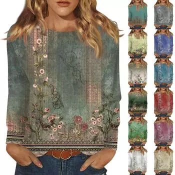 Длинные рукава топы для женщин футболка повседневные принты топы футболка круглый вырез пуловер блузка L армия зеленый