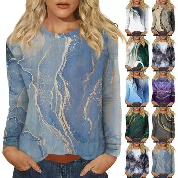 Длинные рукава топы для женщин футболка повседневные принты топы футболка круглый вырез пуловер блузка L темно-зеленого