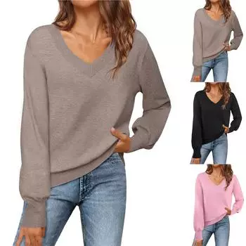 Длинные рукава V-образный вырез Топы Повседневный свитер Рубашки M чёрный