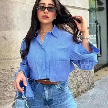 Длинные рукава Винтажные блузки на пуговицах в полоску Женская укороченная рубашка Модное лето S роза розовый