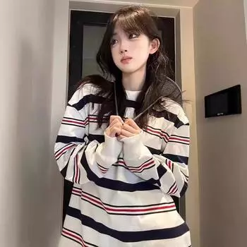 Длинные рукава женская осенняя тонкая секция свободная внутренняя нижняя рубашка полосатая футболка круглая горловина блузка M