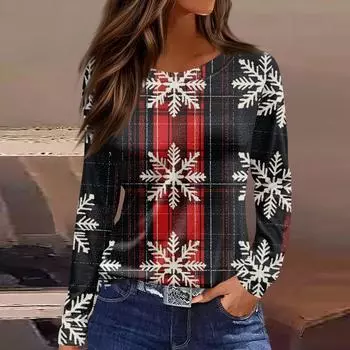 Длинные рукава женские топы цветочный принт винтажная мода повседневные свободные с R-образным вырезом рубашки больших размеров Рождество L чёрный