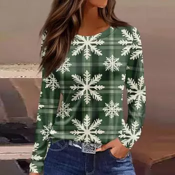 Длинные рукава женские топы цветочный принт винтажная мода повседневные свободные с R-образным вырезом рубашки больших размеров Рождество L армия зеленый