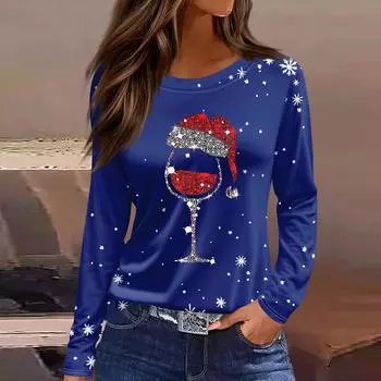 Длинные рукава женские топы цветочный принт винтажная мода повседневные свободные с R-образным вырезом рубашки больших размеров Рождество L синий