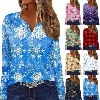 Длинные рукава женские топы цветочный принт винтажная мода повседневные свободные с V-образным вырезом рубашки больших размеров Рождество L красный