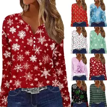 Длинные рукава женские топы цветочный принт винтажная мода повседневные свободные с V-образным вырезом рубашки больших размеров Рождество L