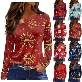 Длинные рукава женские топы цветочный принт винтажная мода повседневные свободные с R-образным вырезом рубашки больших размеров Рождество L синий