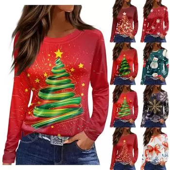 Длинные рукава женские топы цветочный принт винтажная мода повседневные свободные с R-образным вырезом рубашки больших размеров Рождество L армия зеленый