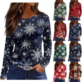 Длинные рукава женские топы цветочный принт винтажная мода повседневные свободные с R-образным вырезом рубашки больших размеров Рождество S красный