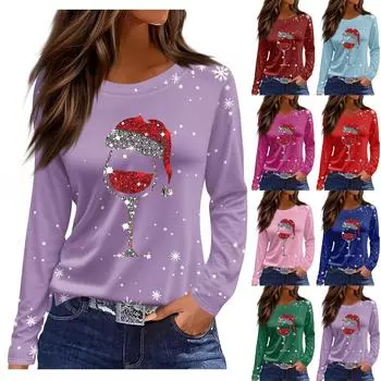 Длинные рукава женские топы цветочный принт винтажная мода повседневные свободные с R-образным вырезом рубашки больших размеров Рождество L синий