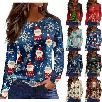 Длинные рукава женские топы цветочный принт винтажная мода повседневные свободные с R-образным вырезом рубашки больших размеров Рождество L