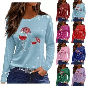 Длинные рукава женские топы цветочный принт винтажная мода повседневные свободные с R-образным вырезом рубашки больших размеров Рождество S винный