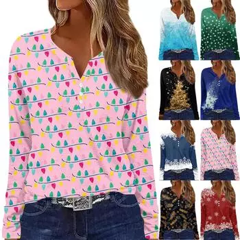 Длинные рукава женские топы с цветочным принтом винтажная мода повседневные свободные с V-образным вырезом рубашки больших размеров Рождество S