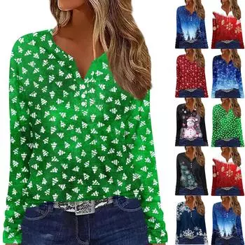 Длинные рукава женские топы с цветочным принтом винтажная мода повседневные свободные с V-образным вырезом рубашки больших размеров Рождество M синий