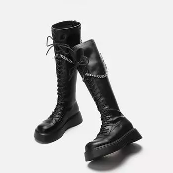Длинные сапоги для женщин, новые весенние и осенние, черные, с цепочкой, не выше колена, на толстой платформе, тонкие, высокие сапоги 35