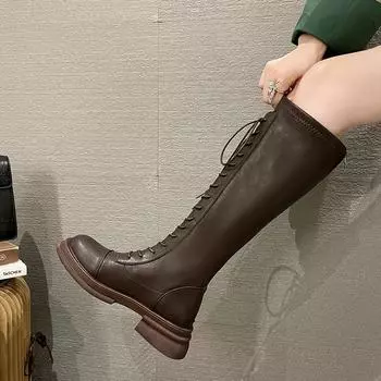 Длинные сапоги для женщин Тонкие высокие мотоциклетные ботинки на толстой подошве с круглым носком и шнуровкой, ковбойские сапоги черного и коричневого цвета 35