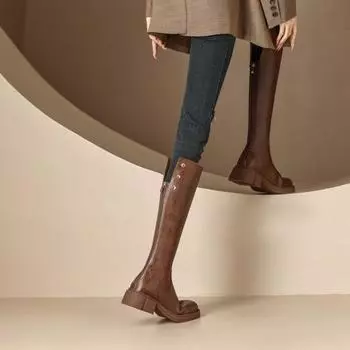 Длинные сапоги для женщин в стиле вестерн-панк на среднем каблуке с круглым носком коричневые высокие ботинки до колена женские новые рок демисезонные водонепроницаемые сапоги 35
