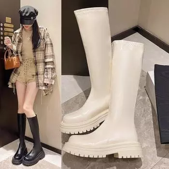 Длинные сапоги, модные и удобные, женские, весна и осень, на толстом каблуке, с толстой подошвой, тонкие, но не эластичные, до колена, рыцарские сапоги 35 чёрный