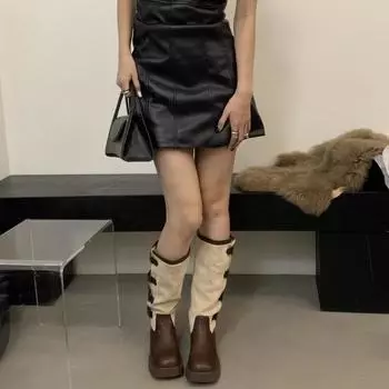 Длинные сапоги в стиле вестерн 2024 года, новые весенние и осенние сапоги-рыцари с небольшим фокусом 35 чёрный