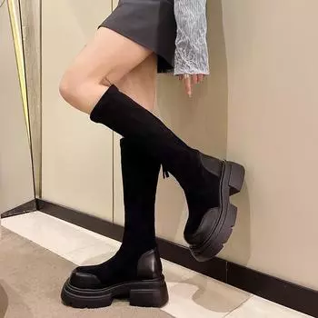 Длинные сапоги женские 2024 новые тонкие сапоги с толстой подошвой и рукавом универсальные модные простые эластичные сапоги с толстым каблуком 35 чёрный