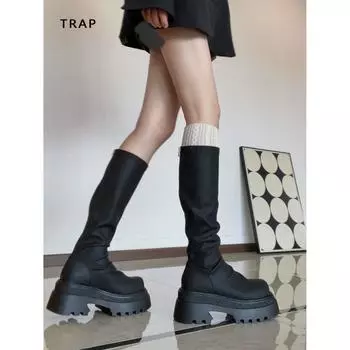 Длинные сапоги женские на толстой подошве высокие тонкие летние сапоги штабелируемые сапоги маленькие тонкие сапоги 35 чёрный