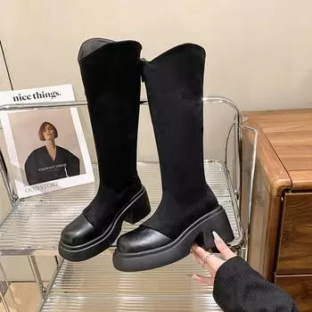 Длинные сапоги женские осень и зима 2024 новые толстые подошвы толстые каблуки показывают ноги длинные эластичные тонкие сапоги V-образный вырез высокие рыцарские сапоги 35 чёрный
