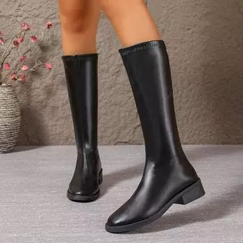 Длинные сапоги женские весенние и осенние одинарные сапоги, но с молнией до колена, новые рыцарские сапоги, высокие эластичные сапоги, тонкая версия, длинные сапоги 35 чёрный