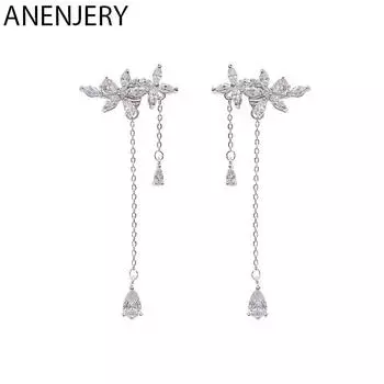 Длинные серьги ANENJERY со сверкающим цирконием и цветком, нежная цепочка с кисточками, вечерние украшения