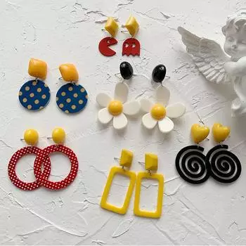 Длинные серьги Большие женские круглые серьги-гвоздики из смолы в горошек висячие серьги-подвески акриловые E