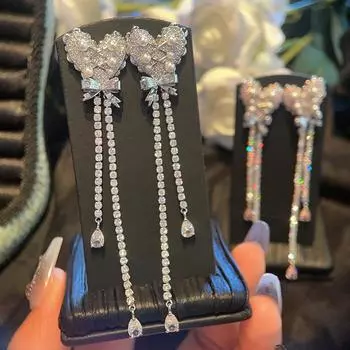 Длинные серьги Bow Love с бахромой из розового циркония, милые дамские серьги для светского темперамента белый