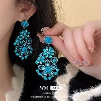 Длинные серьги-цветы с серебряными иглами и синими бриллиантами, модные серьги в европейском и американском преувеличенном дизайне синий