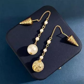 Длинные серьги-гвоздики с кисточками, ретро-серьги из латуни и металла с подвесками в виде шара G, асимметричные серьги с жемчугом