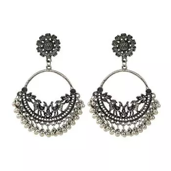 Длинные серьги-гвоздики с резным ажурным колокольчиком в стиле бохо-этнического стиля, серьги с бахромой в стиле ретро бронзовый