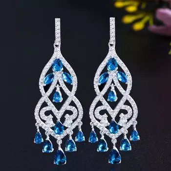 Длинные серьги-капли CMM в этническом стиле из белого золота с кубическим цирконием сапфировый