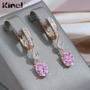 Длинные серьги-капли Kinel с розовым цирконием для женщин, классические модные ювелирные украшения из розового золота