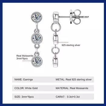 Длинные серьги-капли с муассанитом и кисточкой для женщин, 3 мм, 3 камня, серьги с муассанитом и бриллиантами, посеребренные 925 пробы, ювелирные изделия из золота 18 карат