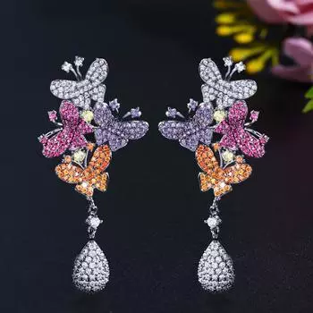 Длинные серьги-капли WWJ с цветным кубическим цирконием и бабочкой разноцветный