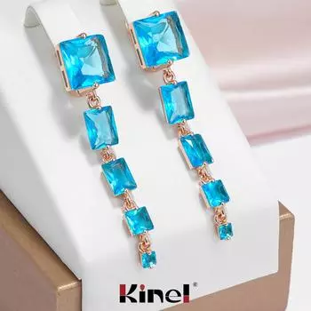 Длинные серьги Kinel со сверкающими синими натуральными цирконами для женщин, вечерние модные украшения, висячие серьги цвета розового золота синий