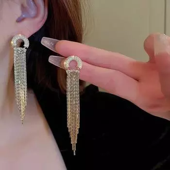 Длинные серьги-кисточки Luxe Gem Geometric для модных женщин Half-round zircon tassel earrings золотой