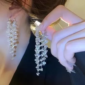 Длинные серьги-кисточки с бриллиантами в стиле ретро с женственным шармом One Size