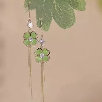 Длинные серьги-кисточки с четырехлистным клевером и кошачьим глазом, темперамент, сто подходящих сережек-сеток для поднятия ушных отверстий, женские серьги зелёный