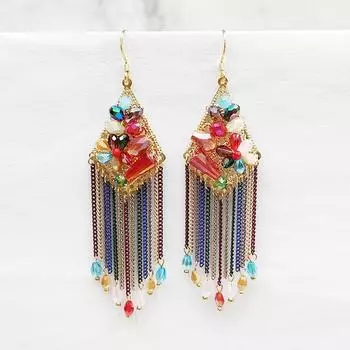 Длинные серьги-кисточки, женственные серьги, преувеличенные модные серьги-гвоздики, серьги с богемскими кристаллами красный