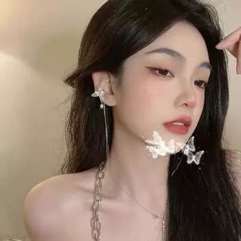 Длинные серьги-клипсы с кисточками в виде бабочки и жемчуга без сережек, женские летние серьги-клипсы Mori Earbone Tide