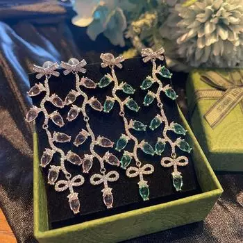 Длинные серьги Muse Temperament Green Crystal Water Drop, слегка инкрустированные циркониевые золотые серьги с бантом розовый