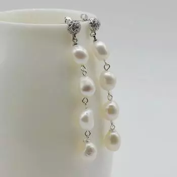Длинные серьги Натуральный пресноводный жемчуг Стерлинговое серебро 925 пробы Длинные серьги Цирконий Женские серьги с жемчугом ручной работы